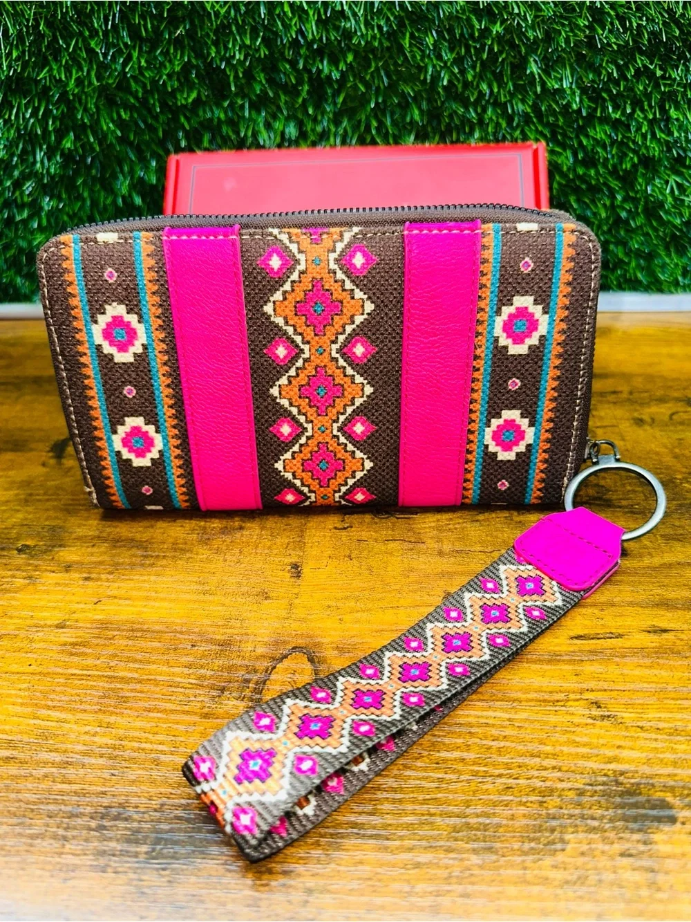 Wrangler Pink and Brown Embroidered Wristlet Wallet with Strap